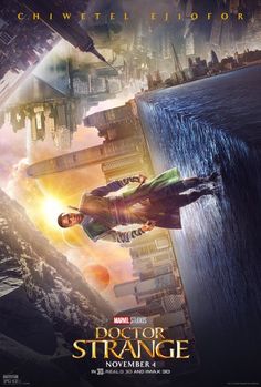 the movie poster for doctor strange is shown in front of an image of a city