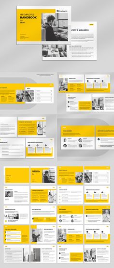 the yellow and white presentation is displayed in this graphic design style, with different sections for each