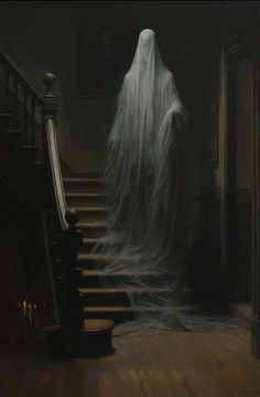 a ghostly ghost walking down the stairs in a dark room