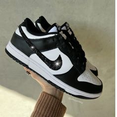 Crystals Are Only Outside Swooshes. All Woman's Size Available Quince Shoes Sneakers Black, Best Nike Shoes For Women Black, Bedazzled Nike Dunks, Rhinestone Nike Dunks, Crystal Nike Shoes, Womens Black Nike Dunks, Sweet 16 Shoes, Black And Gold Shoes, Black And White Nikes