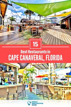 an advertisement for the best restaurants in cape canaverl, florida with images of tables and chairs