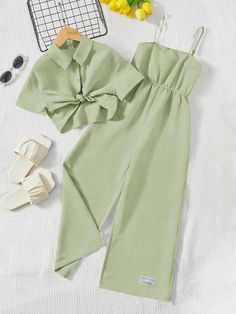 Mint Green Casual Collar   Letter  Embellished Slight Stretch  Tween Girls Clothing Light Layers, Cami Jumpsuit, Trendy Outfits For Teens, Cute Preppy Outfits