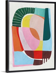 an abstract painting with various colors and shapes on white background framed in black wood frame