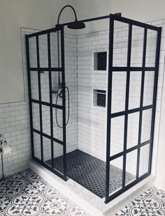 a black and white photo of a shower with the words b & w industrial farmhouse on it