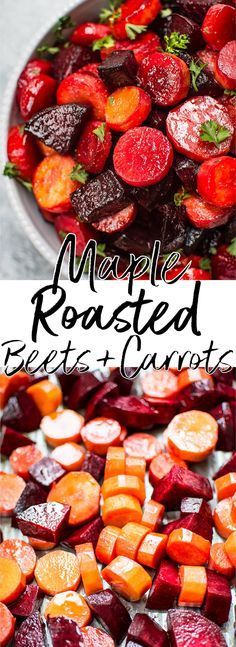 roasted beets and carrots in a pan with text overlay