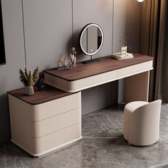 a modern desk with mirror and stool in a room