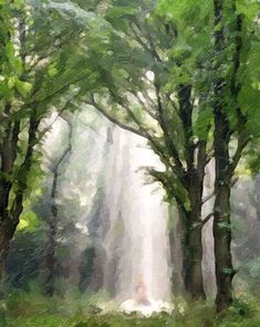 an oil painting of a forest scene with sunlight streaming through the trees