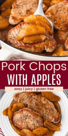 pork chops with apples are served in a skillet and ready to be eaten