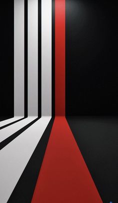 an empty room with black and white walls, red carpet and light at the end