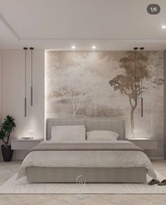 a bedroom with a large painting on the wall and a bed in front of it