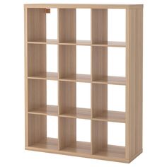 a wooden bookcase with six shelves on each side