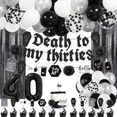 Goth 40th Birthday Black Party Decorations Death To My 30s Thirties Banners Balloons Cake Topper Rip To My 30s Funny 40th Birthday Decorations: Celebrate Your Birthday Milestone With These Decorations Kit, A Perfect Way To Celebrate The Next Chapter You Will Get: - 1pc Death To My Thirties Banner - 1pc Garland - 1pc Number 40 Shaped Birthday Cake Candle - 12pcs Cupcake Toppers - 5pcs Black Silver Confetti Balloons, - 47pcs Latex Balloons, - 1 Set Balloons Tool The Banner Is Made From Quality Fel 40th Birthday All Black, Witch Theme 40th Birthday, 40th Birthday Ideas For Women Halloween, 40th Birthday Halloween Theme, Rip To My Thirties Party, Halloween Themed 40th Birthday Party, Spooky 40th Birthday, 40th Themed Birthday Party Ideas, 40th Birthday Ideas For Women Themes Black