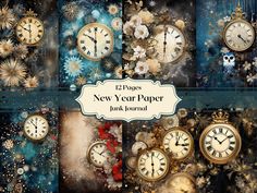 new year's digital papers with clocks and snowflakes