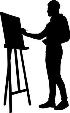 a person standing in front of a easel with a painting on the easel