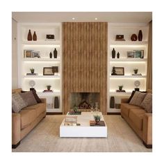 a living room with two couches and a coffee table in front of a fireplace