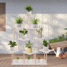 a group of potted plants sitting on top of a wooden floor next to a white brick wall