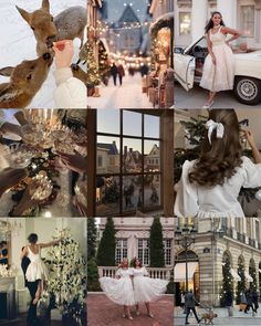 a collage of photos with people dressed up in christmas attire and holiday decorations, including a woman wearing a white dress