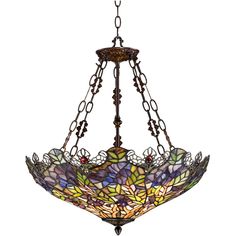 a stained glass chandelier hanging from the ceiling