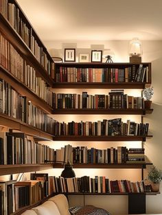 a living room filled with furniture and lots of books on the shelves next to each other