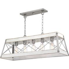 a rectangular light fixture with four lights hanging from the ceiling