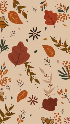 an orange and brown floral pattern on a beige background with leaves, berries, and acorns