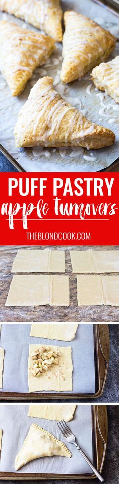 puff pastry being made on a baking sheet with the words puff pastry before and after it is baked