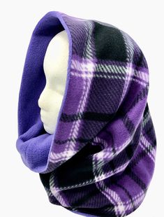 "Stay warm this Fall and Winter in a practical neck and headwear clothing accessory. This two layer super warm reversible hooded scarf will stay on to provide comfort and warmth against cold winter chills. Striking Purple, Black and White tartan pattern is paired with solid Lavender plush fleece on the reverse side to give you options for styling your look. You want the tartan or plain look? This scarf is reversible so you decide! For added styling options wear as a hood scarf with the top folde Snood Sewing Pattern, Fall Festival Booth, Camping In The Cold, Wool Blanket Upcycle, Blanket Upcycle, Winter Camping Outfits, Clothes For Cold Weather, Remove Bleach Stains, Linen Projects