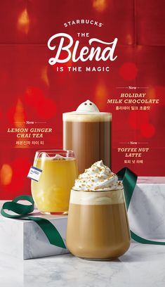 starbucks's the blend is the magic poster with two cups of coffee and whipped cream