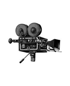 a black and white drawing of an old movie camera with two reels attached to it