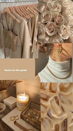 a collage of photos with clothes, candles and flowers on display in front of them