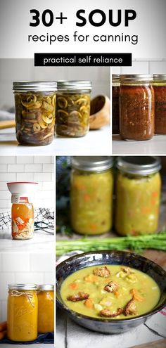 the cover of 30 + soup recipes for canning practical self - reliances, including pickled vegetables and canned fish