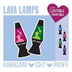 the lava lamps printable is shown with different colors and shapes, including pink, green,