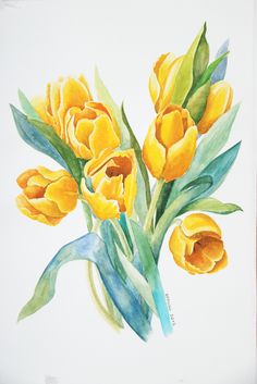 a watercolor painting of yellow tulips with green leaves