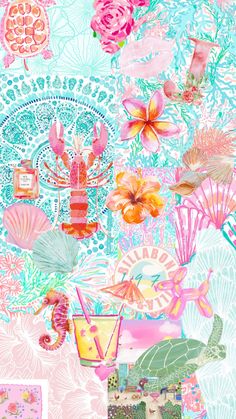 a collage of flowers, plants and other things on a blue background with pink accents