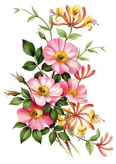 a painting of pink flowers and green leaves