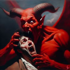 a painting of two men with horns on their heads, one is biting the other's face