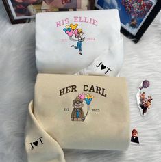 Custom His Ellie And Her Carl Embroidered Sweatshirt, Carl n Ellie Couple Matching Hoodie, Adult/Youth Embroidered Sweater/Hoodie *Embroidered Sweatshirt/Hoodie*  Maximum Embroidery Sizes Chest center - 6"x6" Left/Right chest - 3.5"x3.5" Sleeve - 2.5"x2.5" Available embroidery position - Chest center Front/Back - Left/Right chest - Left/right sleeve - Neck Material: 8 oz./yd² (US) 13.3 oz./L yd (CA), 50/50 cotton/polyester - Classic fit - Make in US Matching Crewnecks For Couples Diy, Diy Matching Sweatshirts, Trendy Embroidered Sweatshirt, Cute Couple Hoodies Matching, Boyfriend Hoodie Outfit, Diy Matching Hoodies, Couple Hoodies Relationships, Matching Hoodies For Couples Nike, Two Year Anniversary Gift Ideas For Him