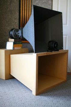 a camera sitting on top of a wooden box