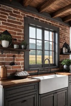 a kitchen with brick walls and an open window that looks out onto the field outside