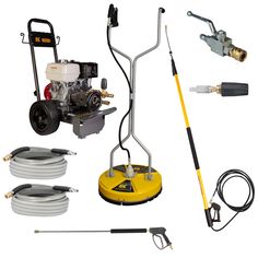 various types of tools and equipment used to make concrete floor polishing work on white background