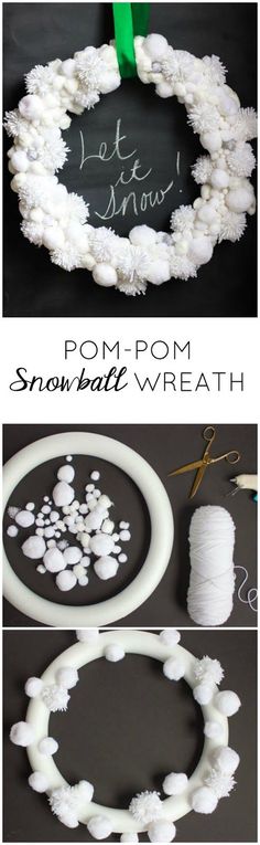 snowball wreath made with pom - pom yarn is an easy winter craft for kids