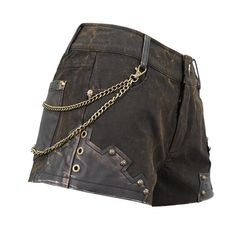 A steampunk shorts with those trademark metal embellishments that cover it all over!Besides metal embellishments like the chain and gold studs, these shorts also feature faux-leather patches.The hem is scuffed and gives them a distressed look.The chain can be detached. Product Specifications:Style: Steampunk Fabric: 80% Cotton, 15% Synthetic Leather, 5% Spandex Cool Steampunk Outfits, Loincloth Female Outfit, Steampunk Aesthetic Outfit, Modern Steampunk Fashion, Steampunk Female, Steampunk Shorts, Steampunk Fabric, Arcane Oc, Steampunk Outfits Women