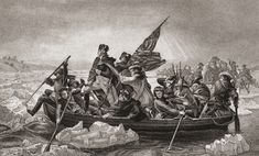 an old black and white drawing of men in a boat with flags on the water