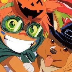 anime characters with pumpkins on their heads and one holding a dog's head