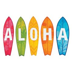 three surfboards with the word aloh written on them in different colors and sizes