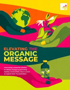 an advertisement for the organic message, featuring hands holding a plant and a bottle of liquid