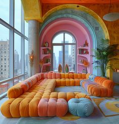 Colorful Luxury Home Interior, Groovy House Aesthetic, Diy Conversation Pit, Orange Couch Living Room Ideas, Aesthetic Couch, Vibrant Interior Design, Maximalist Interior Design, Vibrant Interior, Orange Couch