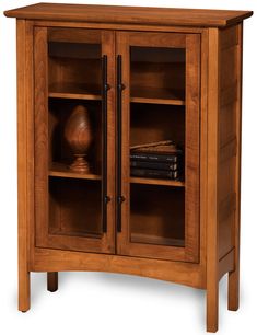 a wooden cabinet with two doors and shelves on one side, bookshelf in the other