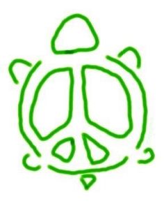 a drawing of a green turtle in the shape of a peace sign on a white background