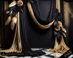 black and gold curtains with feathers on them